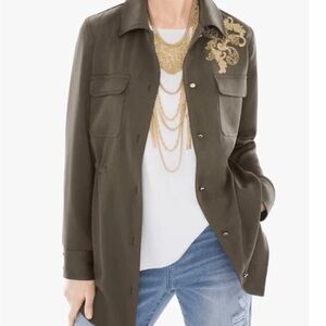 Chico's Olive Utility Jacket with Gold Embroidery